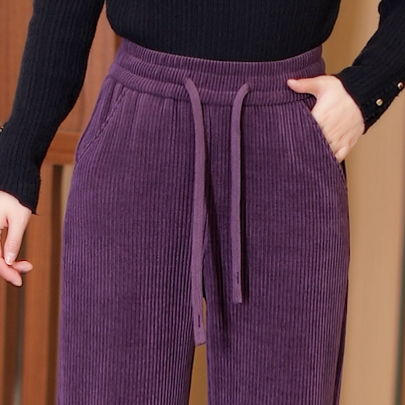 Corduroy Purple Casual Wide-Leg Pants for Women 2026 New Winter Fleece-Lined Thick Drawstring High-Waisted Straight-Leg Trousers