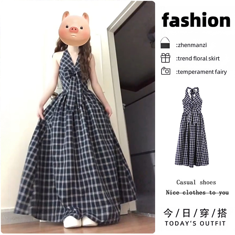 Vintage V-Neck Halter Dress for Women 2026 Holiday Style Slimming Bowknot Plaid Long Dress Sleeveless with Large Hem Vintage V-Neck Halter Dress for Women 2026 Holiday Style Slimming Bowknot Plaid Long Dress Sleeveless with Large Hem