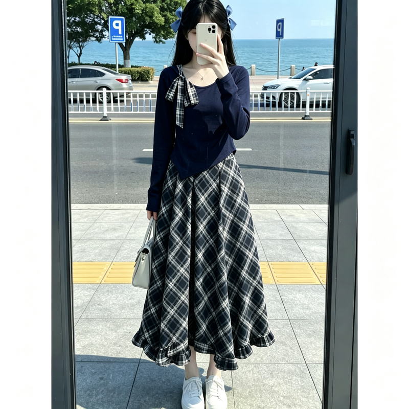 Plaid Skirt Suit for Women, Autumn Outfit Set, 2026 Super Stylish Dress, Long-Sleeved Top, Long Skirt Plaid Skirt Suit for Women, Autumn Outfit Set, 2026 Super Stylish Dress, Long-Sleeved Top, Long Skirt