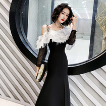 Black evening dress women 2021 new shoulder banquet temperament socialite long fish tail noble light luxury small high end