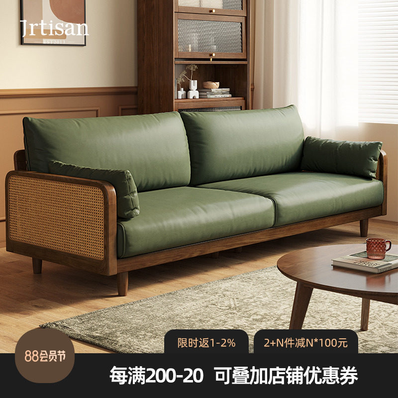 Carpenter solid wood sofa Japanese style small family living room home Nordic white wax wood rattan chic leather art cloth art wood sofa-Taobao