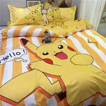 Happy Pikachu childrens four-piece cartoon cotton boy and girl cute bed sheet quilt cover cotton hat three-piece set