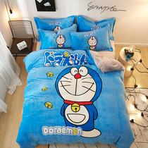 Doraemon cartoon coral fleece double-sided flannel four-piece set childrens thickened warm sheets cute three-piece set