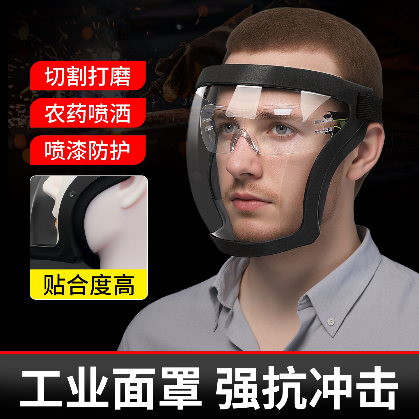 切割防护面罩工业打磨电焊面罩防飞溅防尘面具头戴式全脸隔热护罩