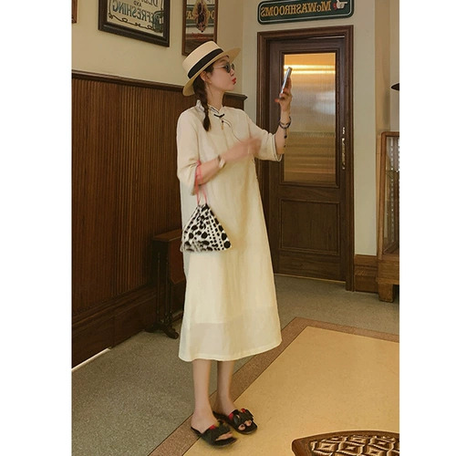 Ретро ципао, платье, белая длинная юбка, китайский стиль, оверсайз