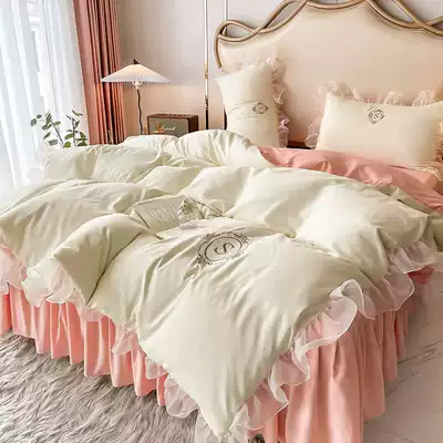 Nordic Princess romantic white four-piece cotton ruffle embroidery quilt cover light luxury bed skirt sheets girl bed hats