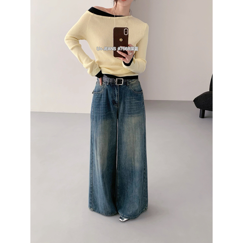 U+ Denim Spring New Korean Style Versatile Design High-Waisted Slimming Wide-Leg Jeans 7568