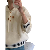 French retro style apricot color hooded sweater womens spring and autumn design niche soft waxy gentle style small cardigan