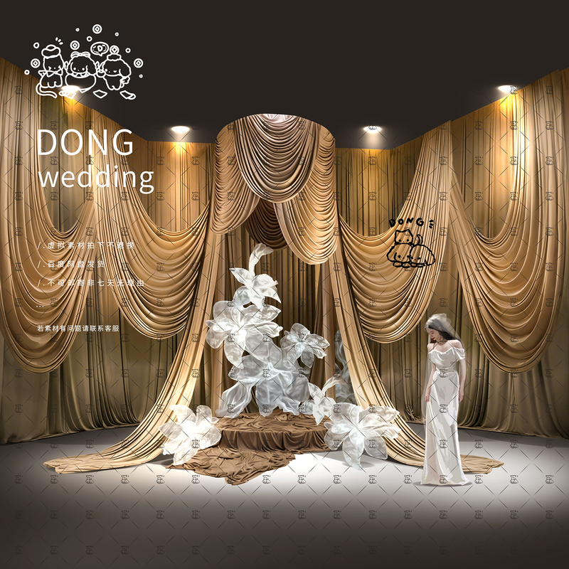 White Gauze Flowers, Niche Theatrical Style, Old Money Style, Coffee Color, Golden Drapes, Wedding Effect Image X460