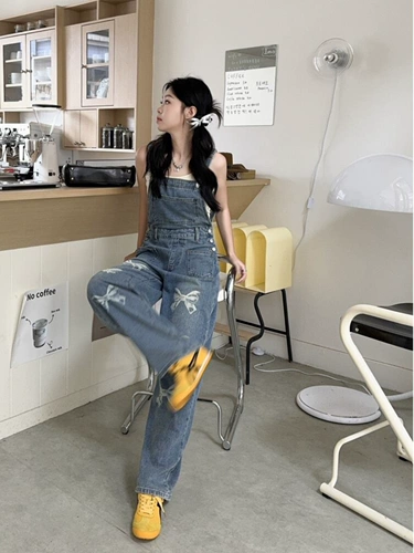 Ретро джинсовый комбинезон с бантиком, дизайнерские штаны, в американском стиле, тренд сезона, подходит для подростков, свободный прямой крой