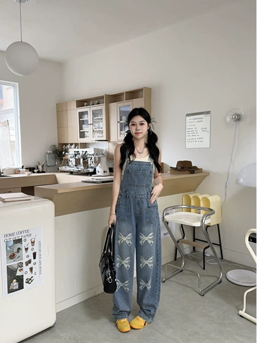 Ретро джинсовый комбинезон с бантиком, дизайнерские штаны, в американском стиле, тренд сезона, подходит для подростков, свободный прямой крой