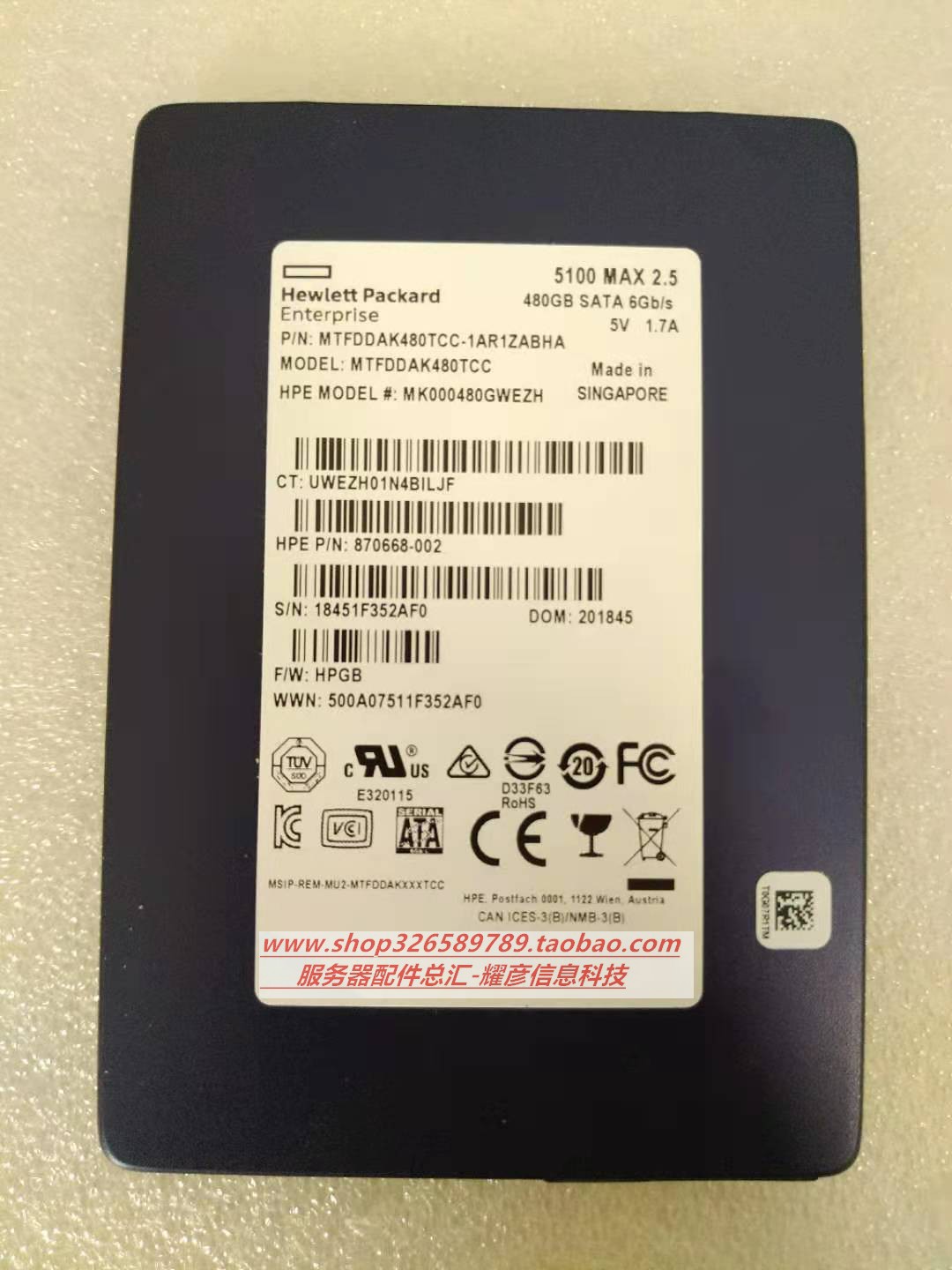 HP MTFDDAK480TCC-1AR1ZABHA 480G SATA 6Gb s 870668-002 hard disc