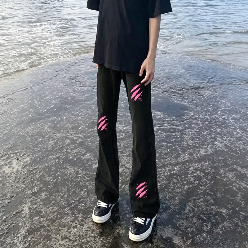 American High Street Style Cross Print Light Luxury Flared Jeans Unisex Trendy Brand Street Style Slimming Student Long Pants