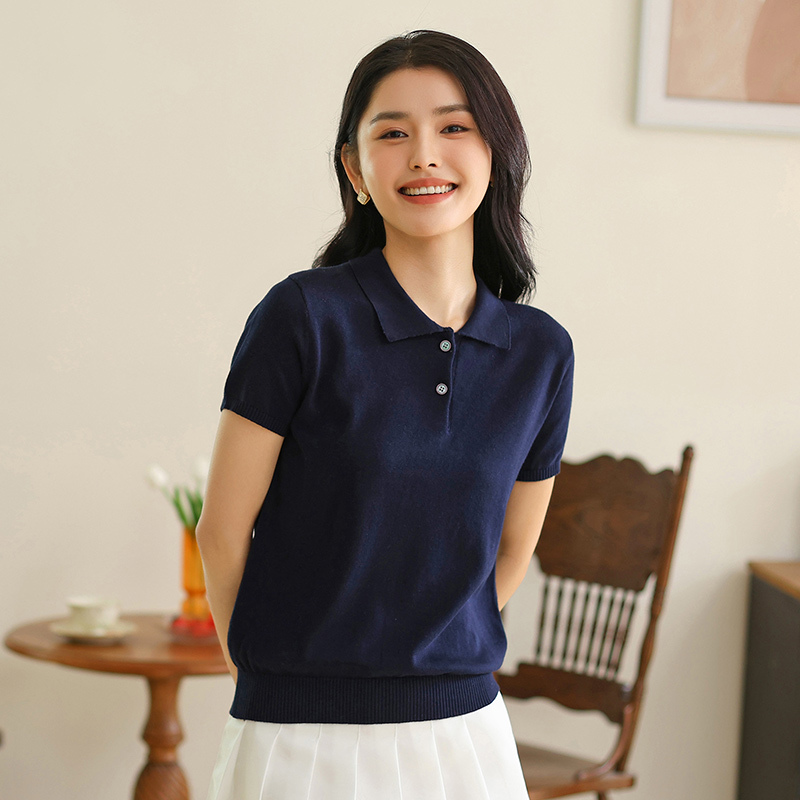 Stiff and Structured Pure Cotton Polo Collar Knitted Short-Sleeve T-Shirt for Women, Slim Fit, Regular Shoulder Polo Shirt, Casual Design with a Turn-Down Collar