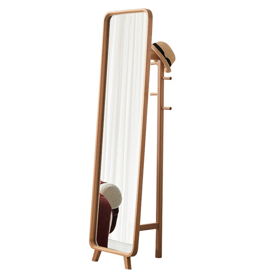 Solid wood dressing mirror wall-mounted self-adhesive full-length mirror household multi-functional clothes hanger coat rack integrated floor fitting mirror