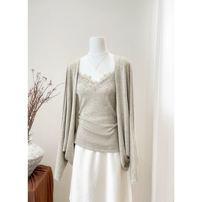 Late Autumn Gentle Temperament Oatmeal Gray Style Lace Camisole Knitted Cardigan Two-Piece Set Women's Elegant and Beautiful Top