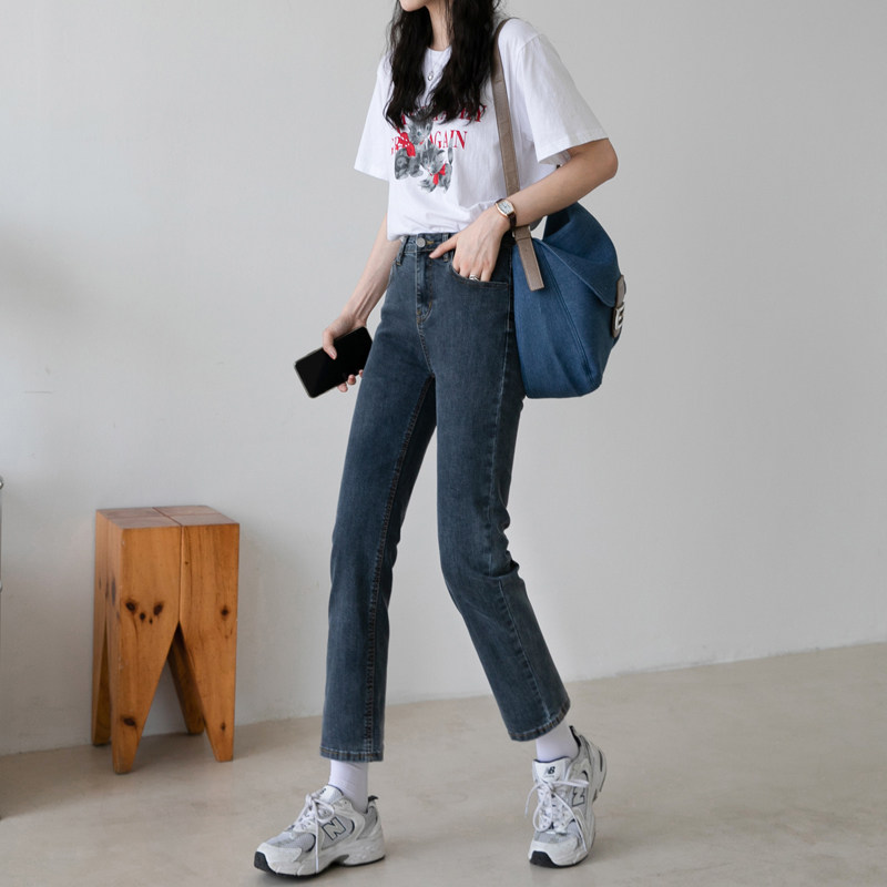 Straight jeans female nine spring 2022 new blue gray slim strength small high waist pipe pants
