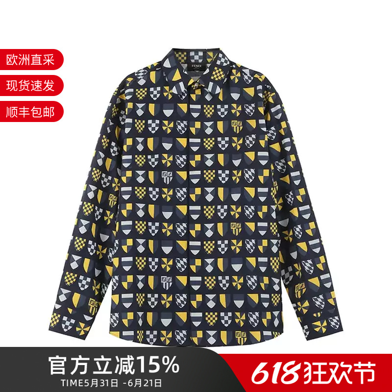Fendi New Men's Cotton Dark Blue Color-Blocked Casual Long-Sleeved Shirt Fs1319 Au76
