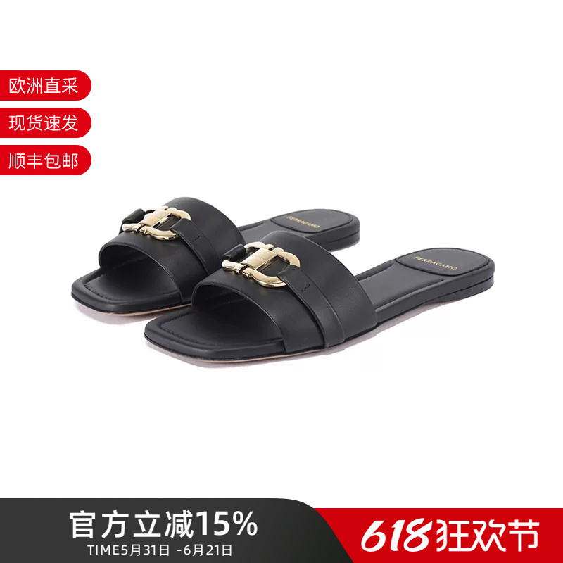 Ferragamo Women's Leah Series Gancini Buckle-Decorated Square-Toe Flat Slippers 0769636