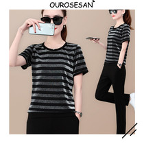 OUROSESAN SHORT SLEEVE LONG PANTS GOLD VELVET SPORT SUIT WOMEN THIN Loose Stripes Fashion Casual Two-piece Set