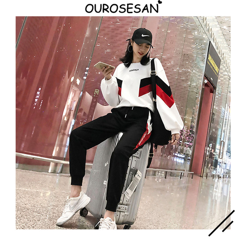 OUROSESAN SPORTS SUIT WOMEN 2022 SPRING FALL Tide Card Fashion Han Edition Big Size Loose Casual Two-piece Style