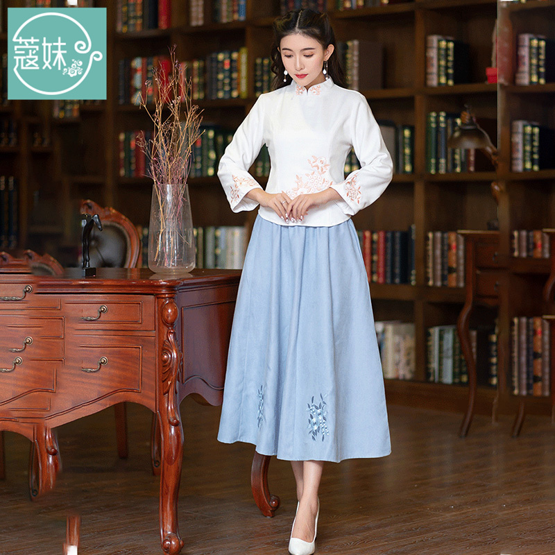 2020 mùa xuân trà nghệ thuật mới của Trung Quốc Tang phù hợp với phong cách Folknational retro sườn xám nhung top váy cô gái