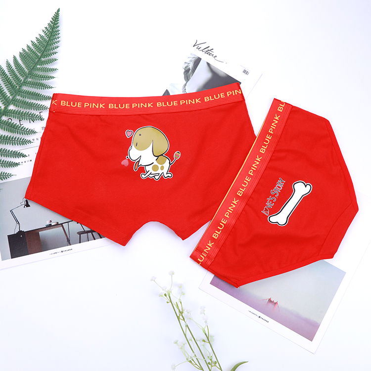 Đồ lót cặp đôi màu đỏ, năm sinh, chó, bông, eo thấp, võ sĩ nam, tam giác nữ, kích thước lớn, phù hợp với sáng tạo đồ lót ren quyến rũ