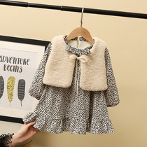Girls plus velvet dress 2020 new style children chiffon floral skirt Lamb hair vest winter two-piece set