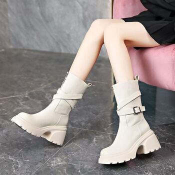 Thick-soled small thick-heeled short boots for women martin boots 2025 autumn and winter new high-heeled plus velvet belt buckle mid-calf boots