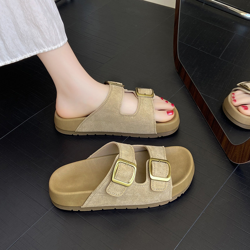 Тапочки; новинка 2026 года; женская летняя верхняя одежда; обувь birkenstock на толстой подошве с двойной пряжкой; универсальные повседневные пляжные сандалии на мягкой подошве