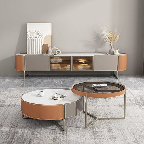 Седловая кожа размер круглый кофейный столик Комбинированный легкий роскошный современный минималистская гостиная Яркая светлая скала с загрязненными стеклянными столешницами