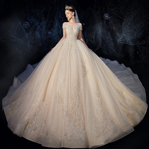 Main wedding dress 2021 New temperament Bride wedding luxury luxury word shoulder thin chest champagne big tail