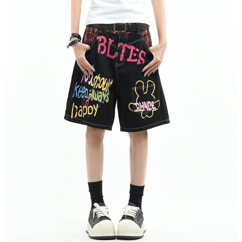 Ov Original Colorful Letter Graffiti Washed Denim Shorts for Men and Women, Summer Mid-Length Pants, High Street Loose Straight-Leg Five-Point Pants
