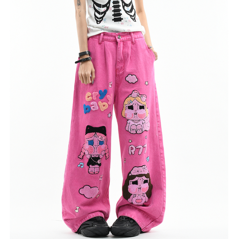 Ov Original Childlike Cartoon Doll Towel Embroidery Casual Pants Unisex Loose Wide-Leg Vintage Washed Long Pants