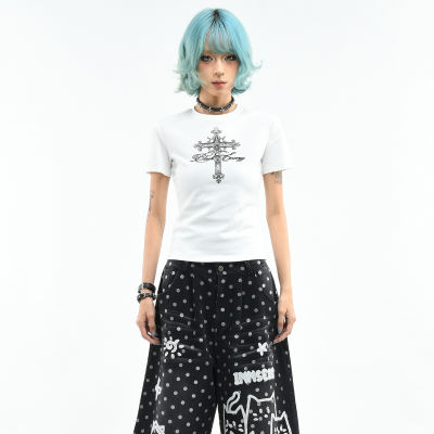 OV Original/American Spice Girl style cross print short-sleeved T-shirt for women's summer slimming short shoulder top
