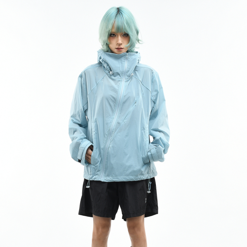 Ov Original Diagonal Zipper Design Outdoor Hooded Sun Protection Jacket for Women, Summer Loose Breathable Quick-Drying Sun Protection Clothing for Men