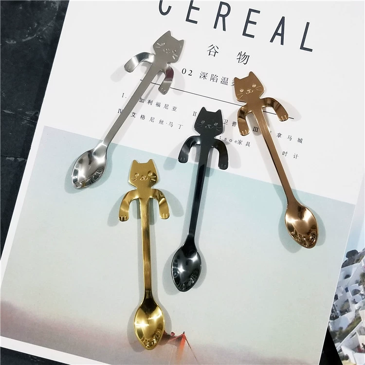 Mèo dễ thương phong cách châu Âu treo chén thìa vàng mèo thìa cà phê thìa tráng miệng thìa khuấy thìa thép không gỉ thìa nhỏ - Cà phê