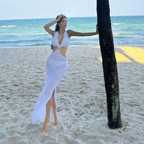 European and American knit hollowed-out long dress holiday bikini hooded beach holiday swimsuit retro V necklace beach dress