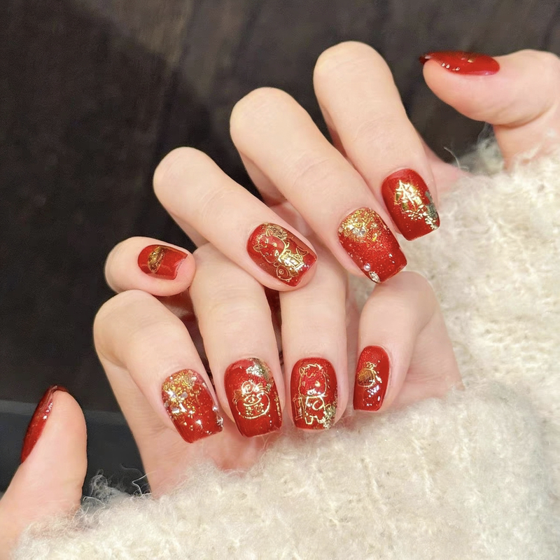 【Bringing Wealth and Good Fortune】New Year Red Gold Foil Luxurious White Cat's Eye Sparkling High-End Handmade Wearable Nails
