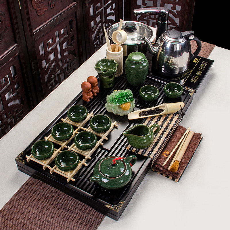 Jusen tea set set household complete set of ceramic kung fu tea tray solid wood purple sand drinking tea simple tea ceremony tea table