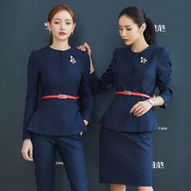 Professional clothing temperament goddess Fan Gaodian striped suit suit set autumn and winter sales department beautician jewelry shop overalls