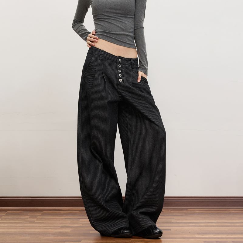 Flyoff Old Money Style Pleated Five-Button Straight-Leg Jeans Unisex Floor-Length Lazy Retro Striped Casual Pants
