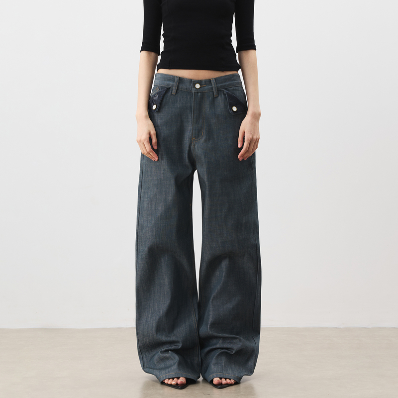 Flyoff 【Floral Cuff】Lake Green Straight-Leg Original Color Jeans for Men, Unique Street Style A-Line Pants