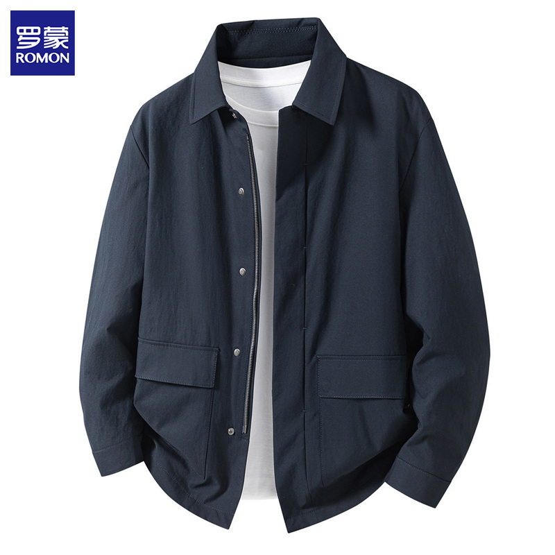 Romon Twill Texture Lapel Plaid Lining Jacket Spring and Autumn Workwear Flap Pocket Single-Breasted Zipper Coat for Men