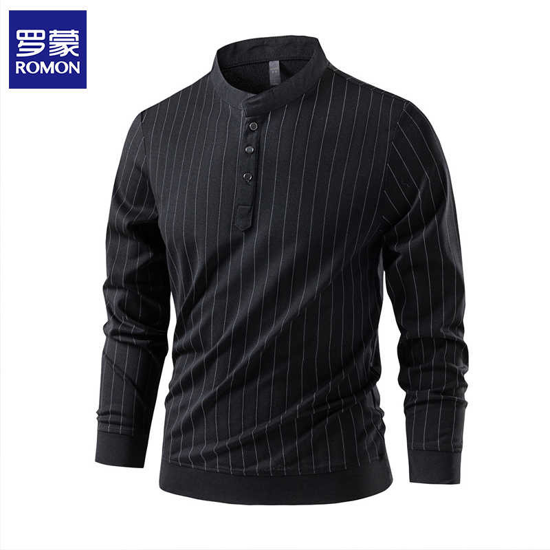 Romon Spring and Autumn Men's Henley Collar Vertical Striped Half-Zip Long Sleeve T-Shirt, Slimming and Height-Enhancing Dad Style Stand Collar Top