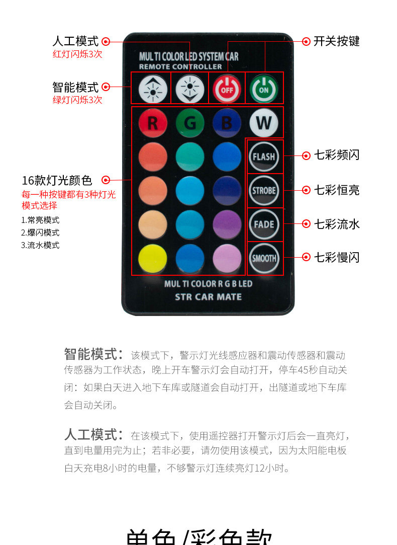 Car solar warning flash light car atmosphere light rear-end collision prevention led free decoration universal opening breathing