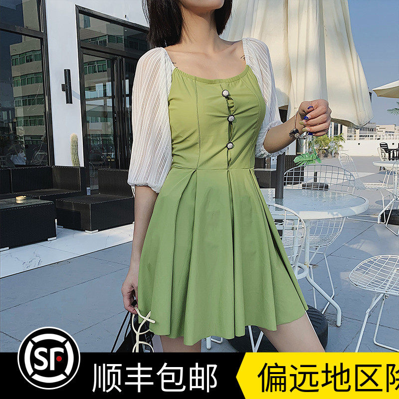 2020 new skirt style two-piece swimsuit woman big size weight mm200 catty conservative belly button slim loose swimsuit spa