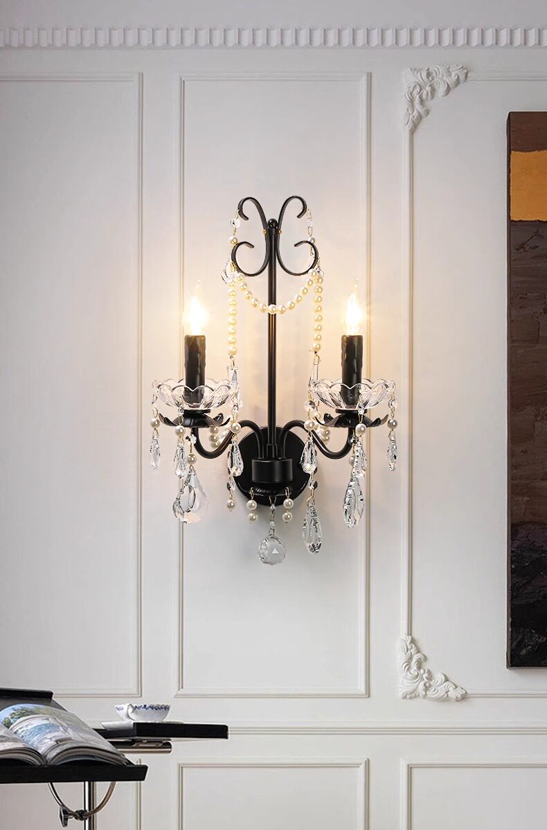 Бра 法式覆古水晶壁灯轻奢卧室床头过道蜡烛灯黑色酒店客厅背景墙灯具