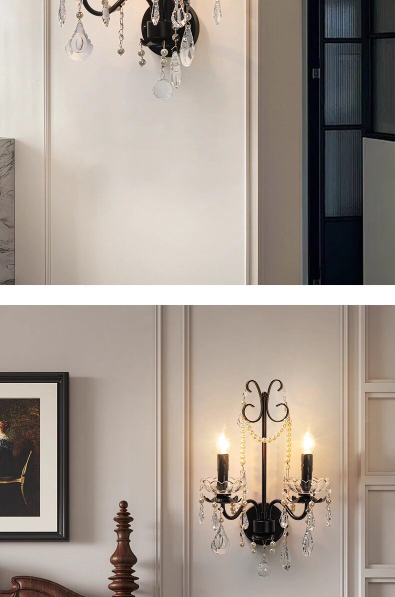 Бра 法式覆古水晶壁灯轻奢卧室床头过道蜡烛灯黑色酒店客厅背景墙灯具