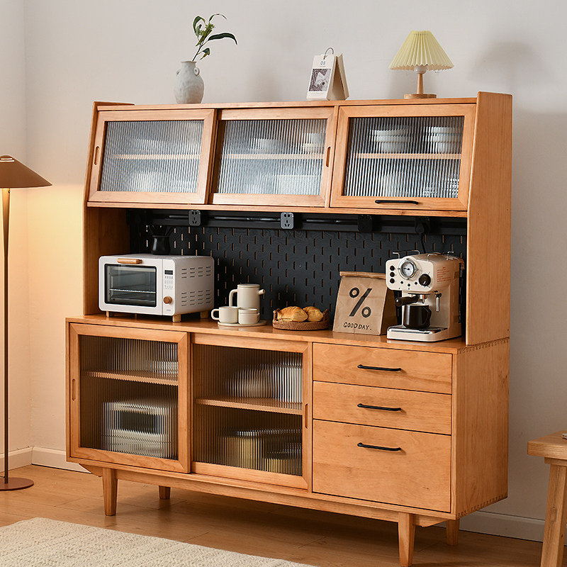 Solid wood sideboard Japanese kitchen wall high cabinet multifunctional overall cabinet Nordic tea cabinet wine cabinet hole board customization